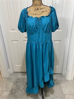 Scarlet Darkness Teal Square-Neck Puff-Sleeve Midi Dress